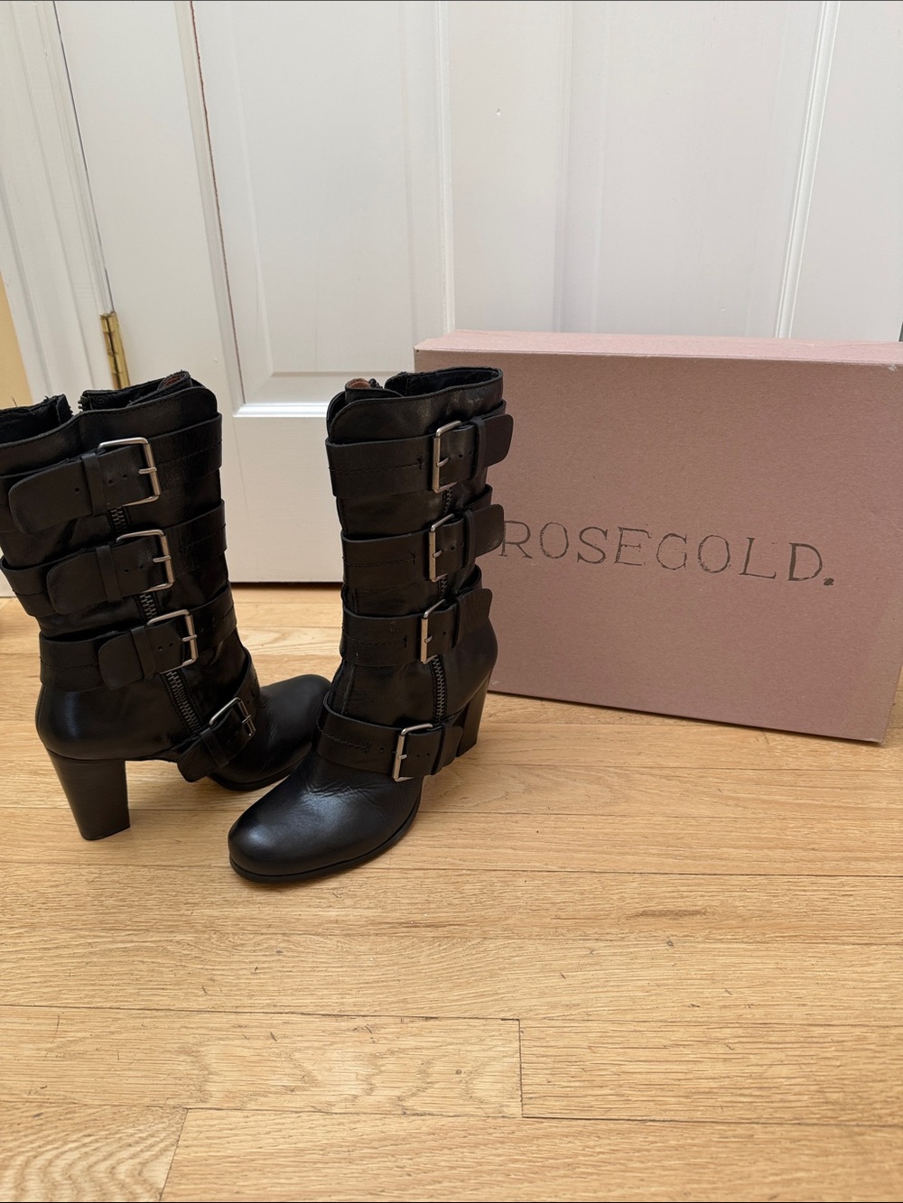 Rosegold Black Buckle Strap Mid-Calf Heeled Boots